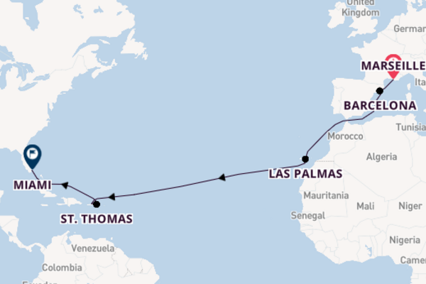 trans-Atlantisch vanaf Marseille, Frankrijk met de MSC Grandiosa