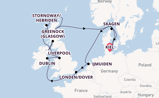 Britse Eilanden vanaf Kiel, Duitsland met AIDAluna
