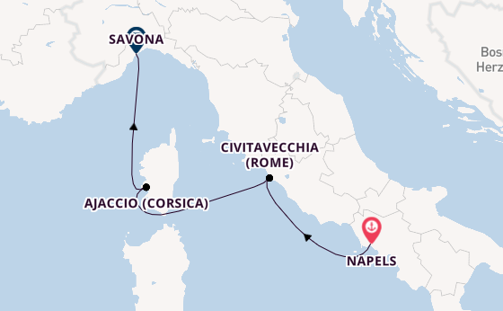 Westelijke Middellandse Zee vanaf Napels, Italië met de Costa Fascinosa
