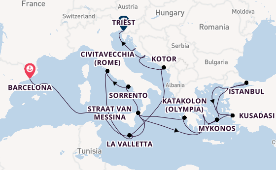 Middellandse Zee vanaf Barcelona, Spanje met de Queen Elizabeth