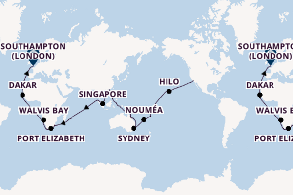 Round-the-World Trip from Los Angeles, California, USA with the Queen Victoria