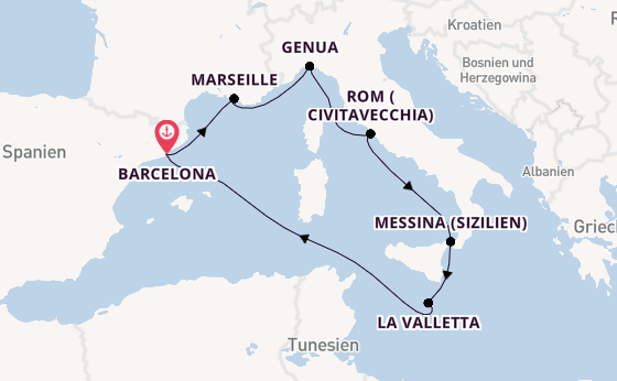 Westliches Mittelmeer ab Barcelona, Spanien auf der MSC World Asia