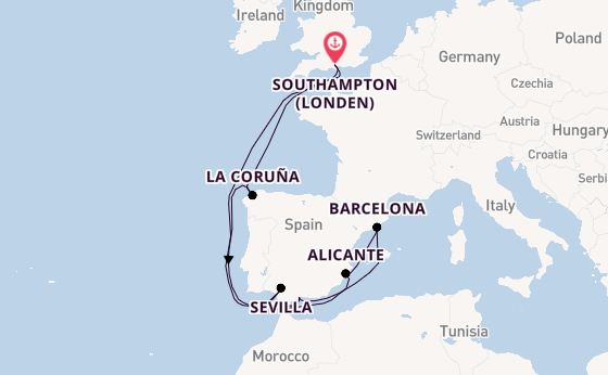 Westelijke Middellandse Zee vanaf Southampton (Londen), Engeland met de Queen Victoria