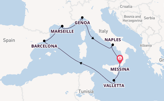 Western Mediterranean from Messina, Sicily, Italy with the MSC World Asia