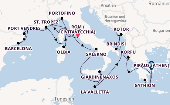Mittelmeer ab Civitavecchia (Rom), Italien auf der Seabourn Ovation