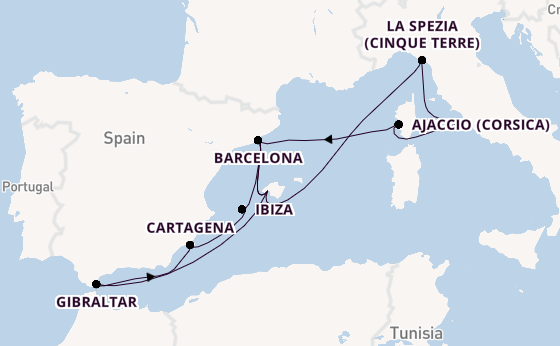 Westelijke Middellandse Zee vanaf Palma de Mallorca, Mallorca, Spanje met AIDAcosma