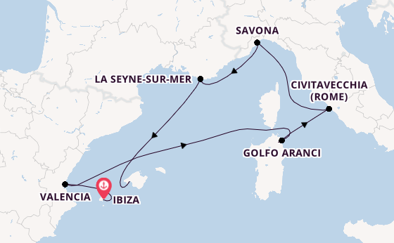 Westelijke Middellandse Zee vanaf Ibiza, Spanje met de Costa Pacifica