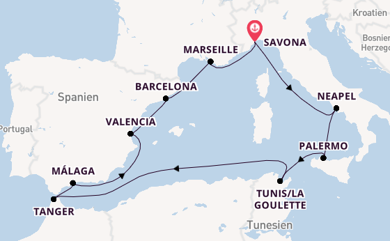 Westliches Mittelmeer ab Savona, Italien auf der Costa Pacifica