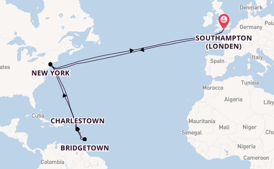 trans-Atlantisch vanaf Southampton (Londen), Engeland met de Queen Mary 2