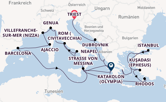 Mittelmeer ab Triest, Italien auf der Queen Elizabeth