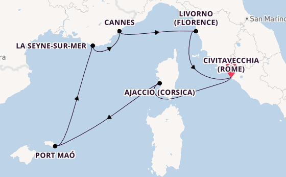 Westelijke Middellandse Zee vanaf Civitavecchia (Rome), Italië met AIDAstella
