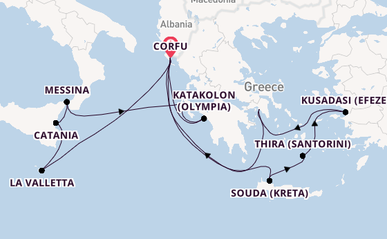 Oostelijke Middellandse Zee vanaf Corfu, Griekenland met AIDAblu