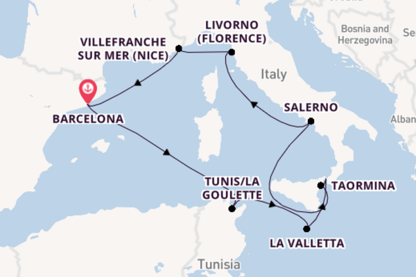 Westelijke Middellandse Zee vanaf Barcelona, Spanje met de Oosterdam