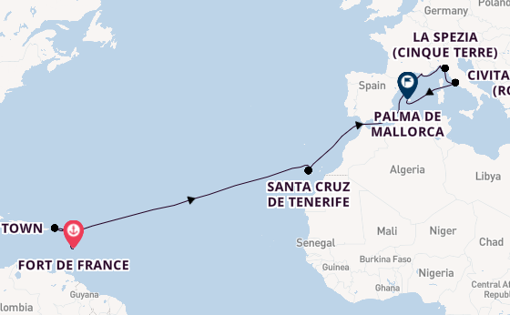 Westelijke Middellandse Zee vanaf Fort de France, Martinique met de MSC World Europa