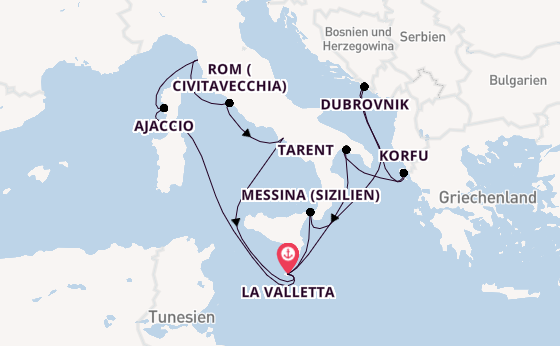 Westliches Mittelmeer ab La Valletta, Malta auf der Azura