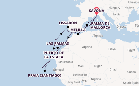 Canarische Eilanden vanaf Savona, Italië met de Amera