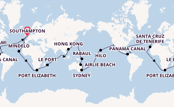 World Cruise from Southampton, England with the Queen Elizabeth