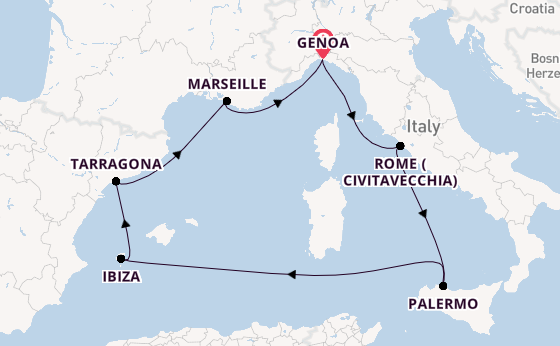 Western Mediterranean from Genoa, Italy with the MSC Seaview