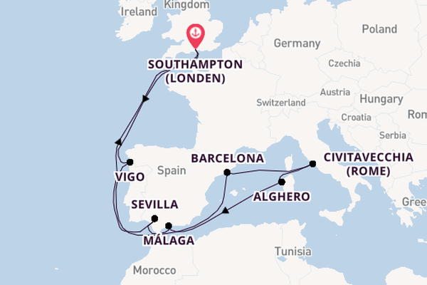 Westelijke Middellandse Zee vanaf Southampton (Londen), Engeland met de Queen Mary 2