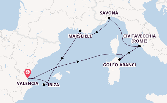Westelijke Middellandse Zee vanaf Valencia, Spanje met de Costa Pacifica