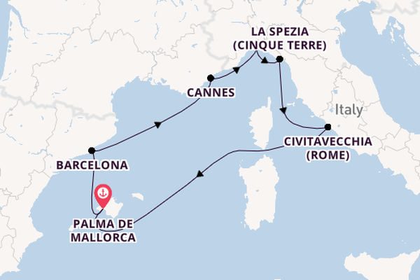 Westelijke Middellandse Zee vanaf Palma de Mallorca, Mallorca, Spanje met de MSC Seaview