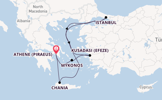 Oostelijke Middellandse Zee vanaf Athene (Piraeus), Griekenland met de Rhapsody of the Seas
