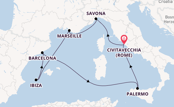 Westelijke Middellandse Zee vanaf Civitavecchia (Rome), Italië met de Costa Smeralda