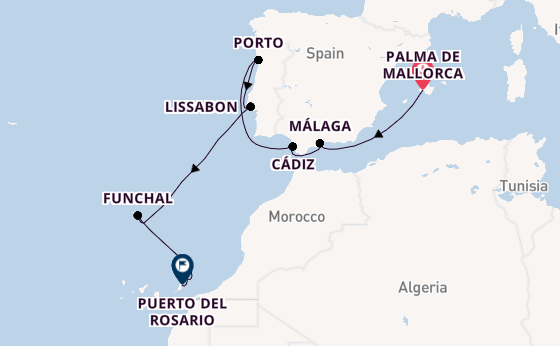 Portugal vanaf Palma de Mallorca, Mallorca, Spanje met AIDAsol