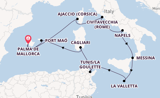 Westelijke Middellandse Zee vanaf Palma de Mallorca, Mallorca, Spanje met AIDAstella