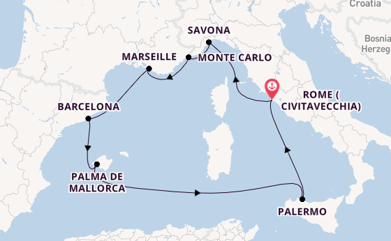 Western Mediterranean from Rome (Civitavecchia), Italy with the Costa Toscana