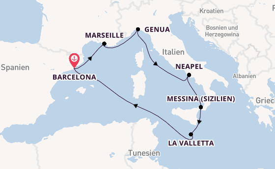 Westliches Mittelmeer ab Barcelona, Spanien auf der MSC World Asia