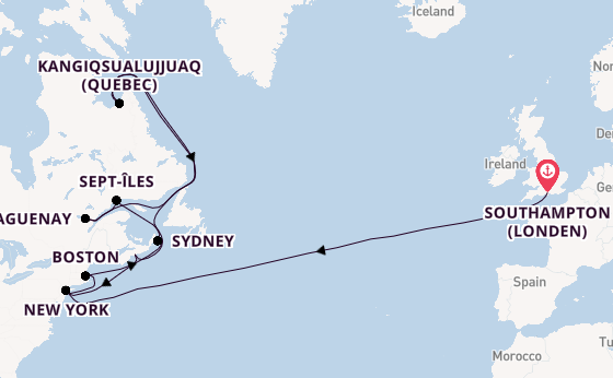 trans-Atlantisch vanaf Southampton (Londen), Engeland met de Queen Mary 2