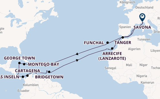 Transatlantik ab Genua, Italien auf der Artania