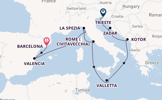 Mediterranean Sea from Barcelona, Spain with the Queen Elizabeth