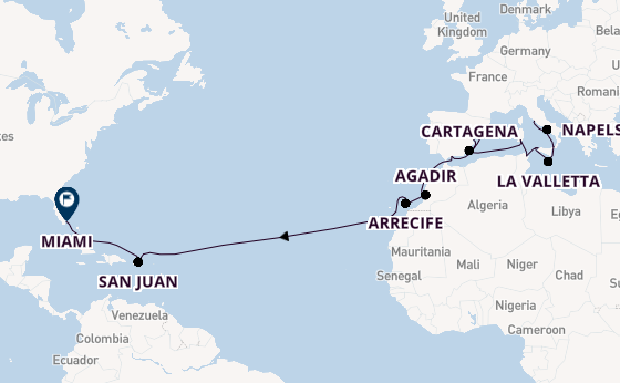 trans-Atlantisch vanaf Civitavecchia (Rome), Italië met de Allura