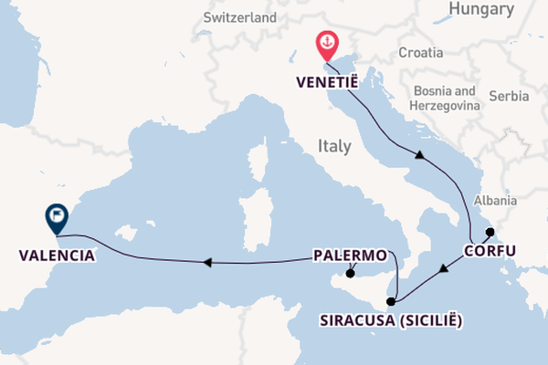 Westelijke Middellandse Zee vanaf Venetië, Italië met de MSC Lirica