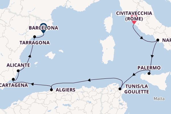 Westelijke Middellandse Zee vanaf Civitavecchia (Rome), Italië met de EXPLORA II