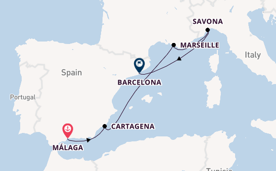 Westelijke Middellandse Zee vanaf Málaga, Spanje met de Costa Diadema