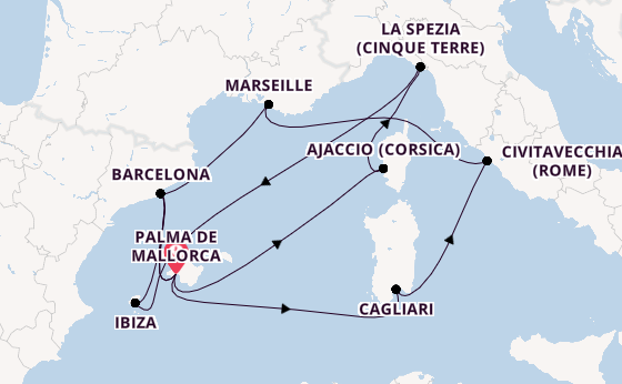 Westelijke Middellandse Zee vanaf Palma de Mallorca, Mallorca, Spanje met AIDAcosma