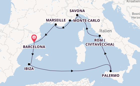 Westliches Mittelmeer ab Barcelona, Spanien auf der Costa Toscana