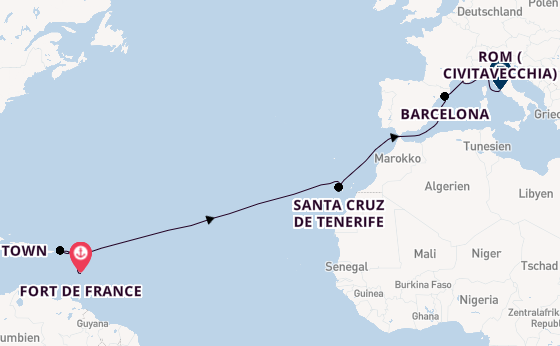 Westliches Mittelmeer ab Fort de France, Martinique auf der MSC World Europa