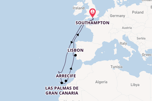 Canary Islands from Southampton, England with the Queen Anne
