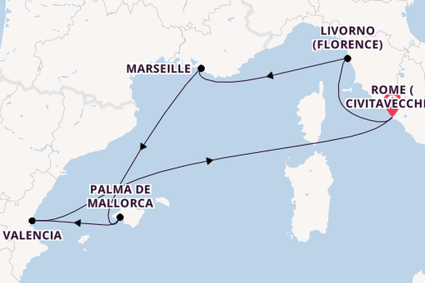 Western Mediterranean from Rome (Civitavecchia), Italy with the MSC Lirica