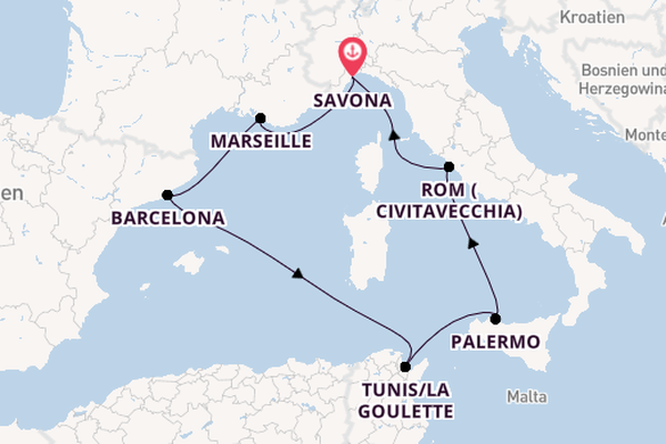 Westliches Mittelmeer ab Savona, Italien auf der Costa Toscana