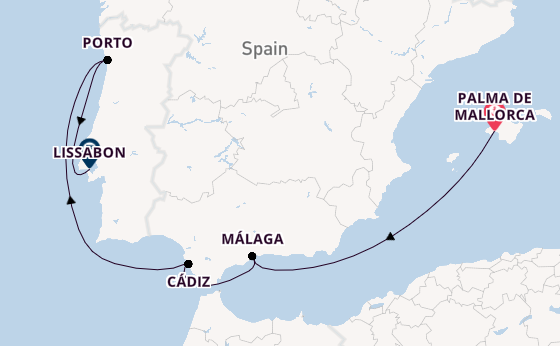 Westelijke Middellandse Zee vanaf Palma de Mallorca, Mallorca, Spanje met AIDAsol