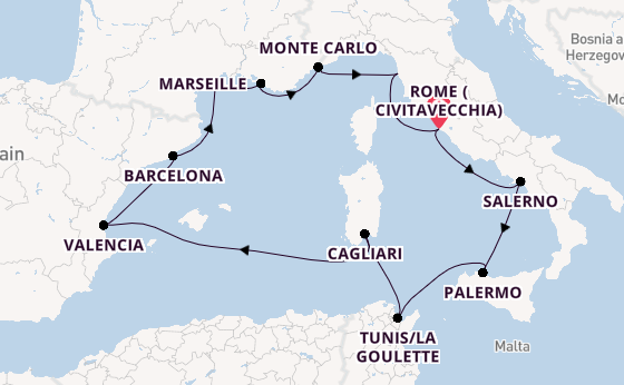 Western Mediterranean from Rome (Civitavecchia), Italy with the Viking Star