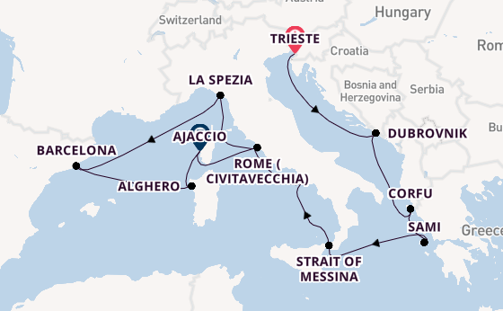 Western Mediterranean from Trieste, Italy with the Queen Elizabeth
