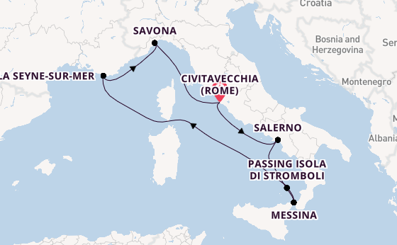 Westelijke Middellandse Zee vanaf Civitavecchia (Rome), Italië met de Costa Fascinosa