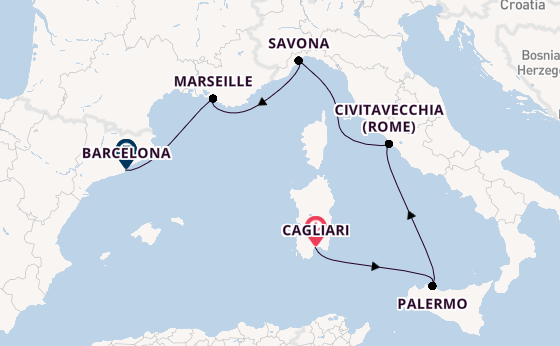 Westelijke Middellandse Zee vanaf Cagliari, Sardinië met de Costa Smeralda