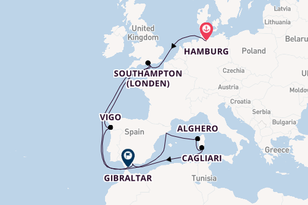 Westelijke Middellandse Zee vanaf Hamburg, Duitsland met de Queen Anne